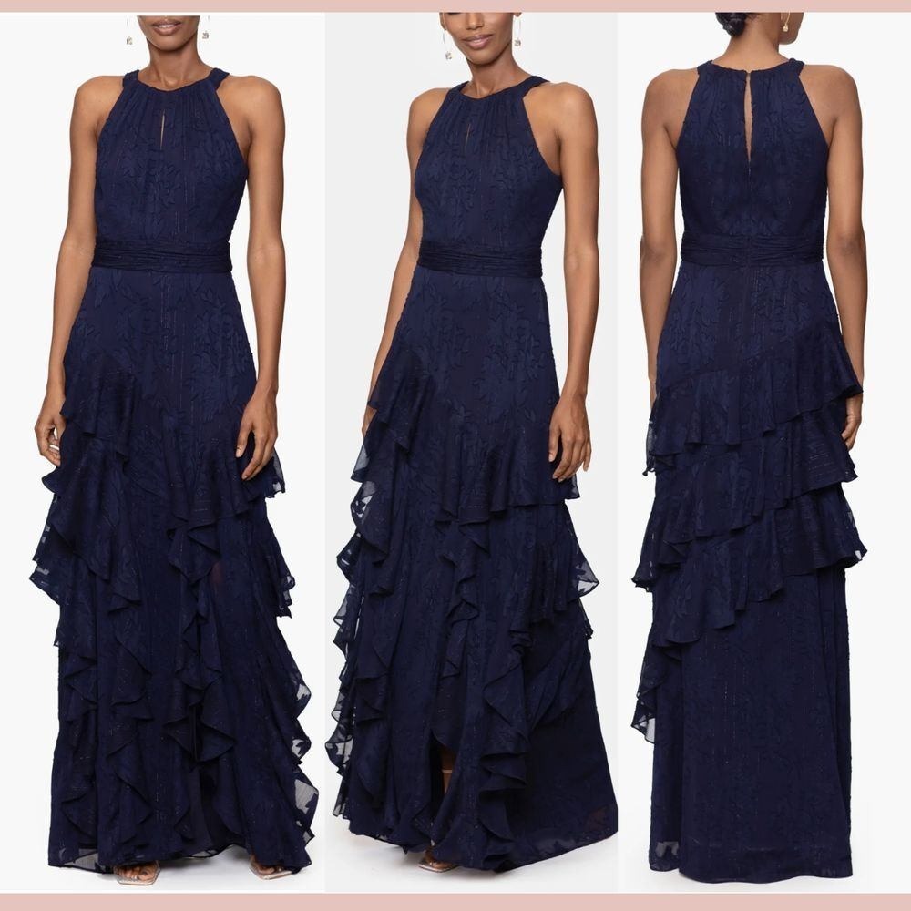 Xscape Navy Blue Halter Tiered Ruffle Floral Jacquard Evening Gown 5548X Size 4